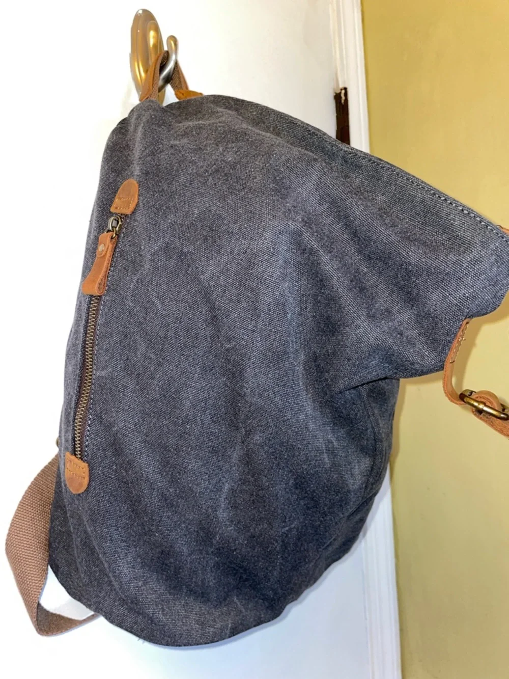 Black Denim Canvas Weekender Bag with Tan Leather Trim